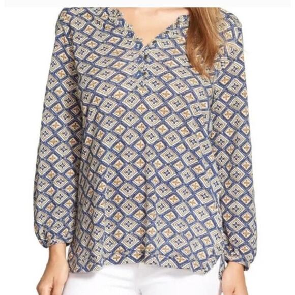 Lucky Brand Top Womens Medium‎ Blue Gold Geo Print Boho Blouse - Picture 1 of 7